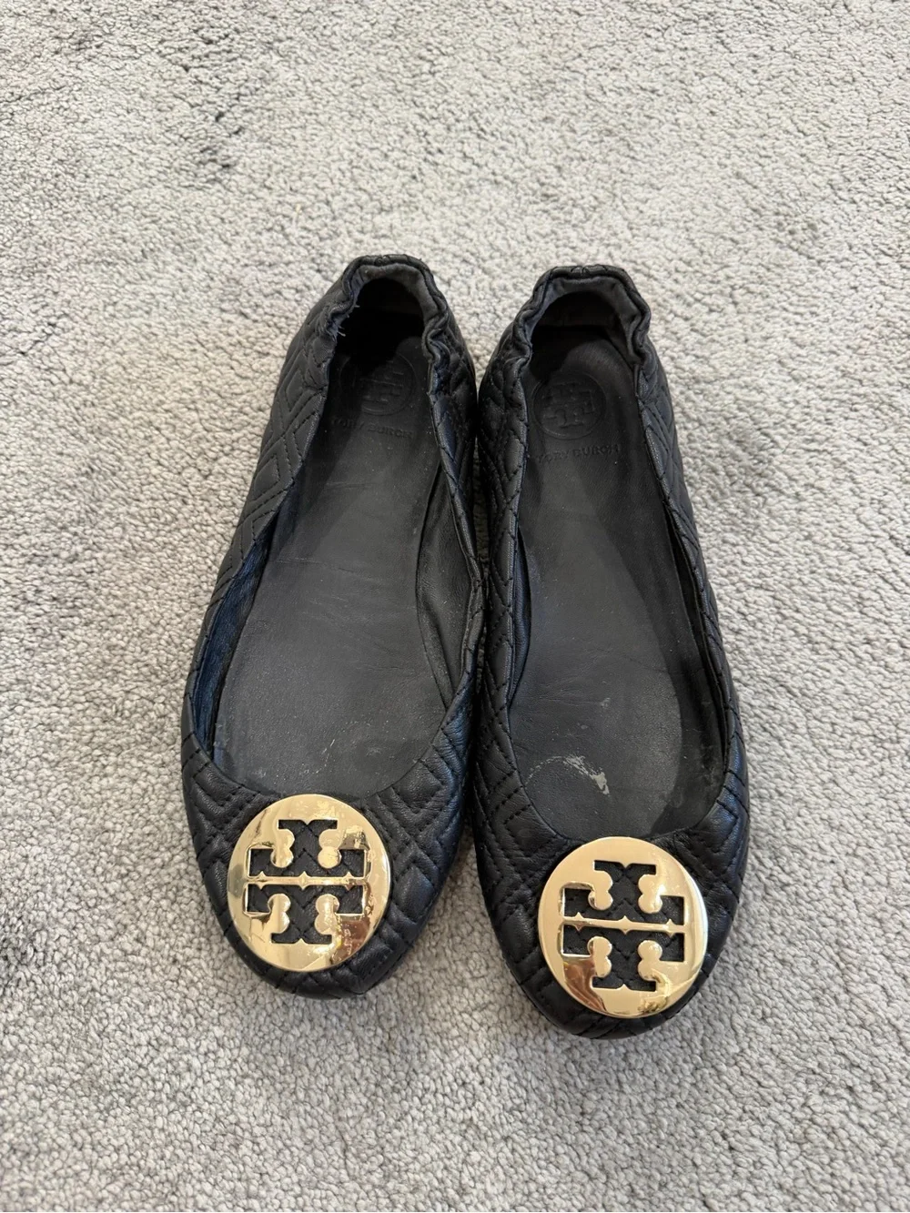 Tory Burch Black Quilted Leather Ballet Flats with Gold Logo Emblem